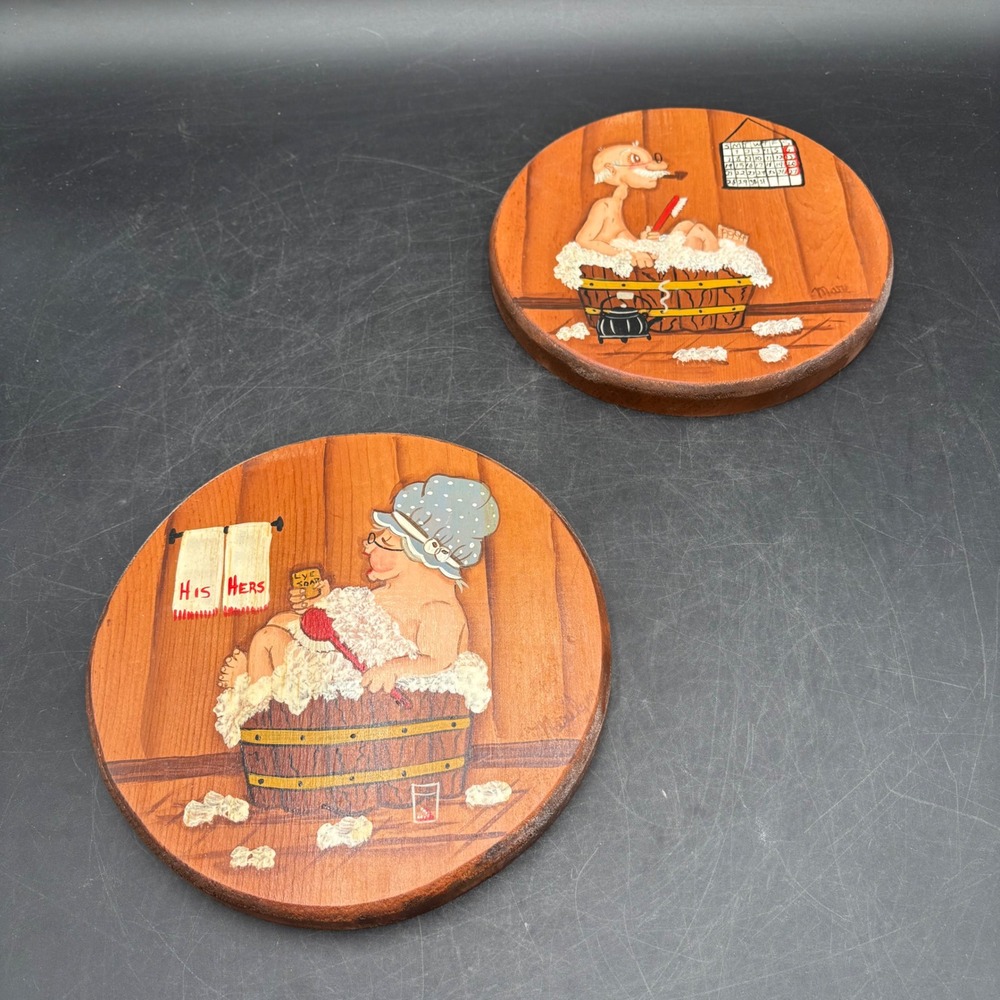 Vintage Hand Painted Wood Wall Plaques Bathroom Decor His Hers Set of 2 Marilyn